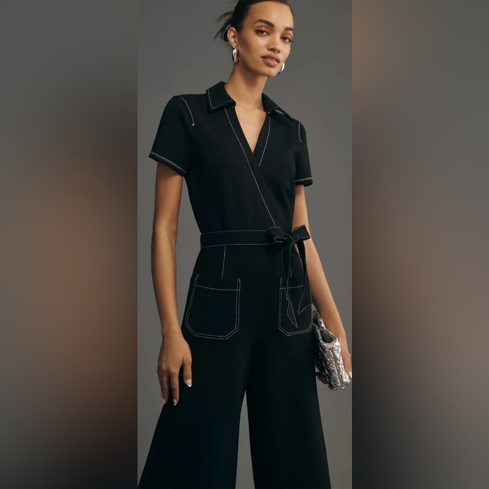 Maeve Anthropologie Colette Wrap Jumpsuit Ponte Denim Blue 10 - Picture 4 of 14